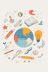 Fototapeta premium world of knowledge concept, drawing of globe surrounded by various symbols and school supplies