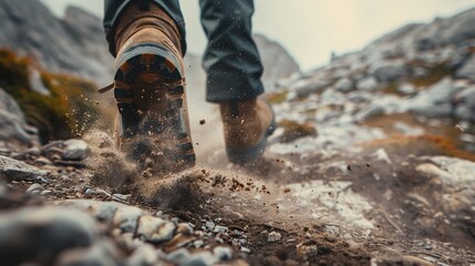 Naklejka premium A hiker climbs a steep rocky hill wearing hiking boots, leaving a trail of dust in their wake as they make their way over the difficult terrain with perseverance and drive, Generative AI.
