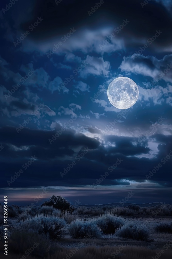 Poster a large moon is shining brightly in the sky above a field of grass. the sky is dark and cloudy, crea