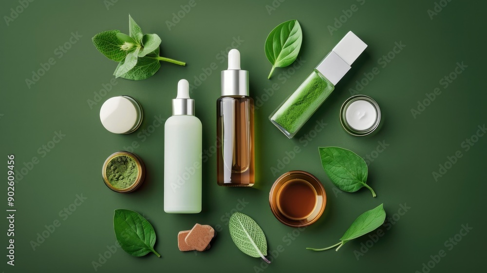 Poster a green background with various bottles and containers of different sizes and shapes