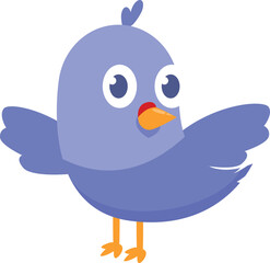 Cartoon illustration of a cute little blue bird standing and spreading its wings