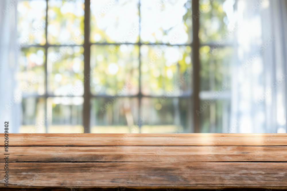 Aufkleber empty wooden table top on blur window background, perspective wooden pattern for display of product