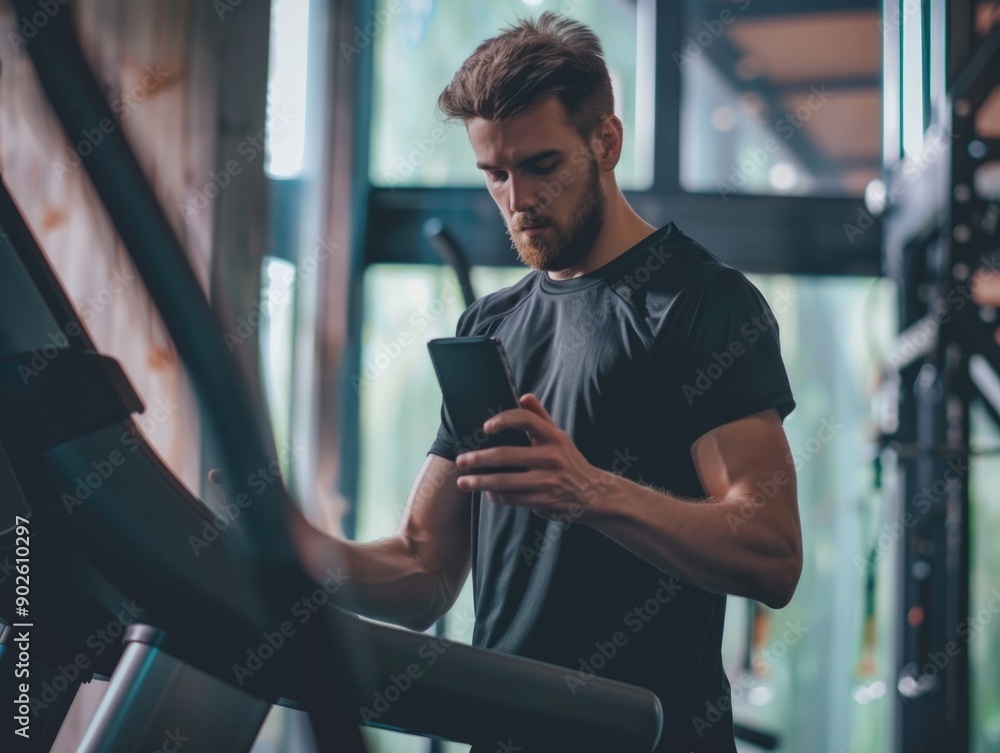 Poster a man is using his cell phone while on a treadmill. he is focused on his phone and not paying attent