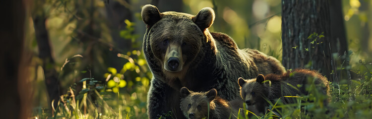 "Photo of a Mother Bear with Her Cubs in the Forest"