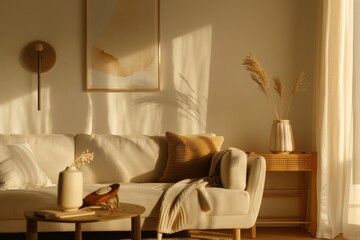 A minimalist Scandinavian living room with a sofa, a side table and a vase on it, beige walls, warm sunlight