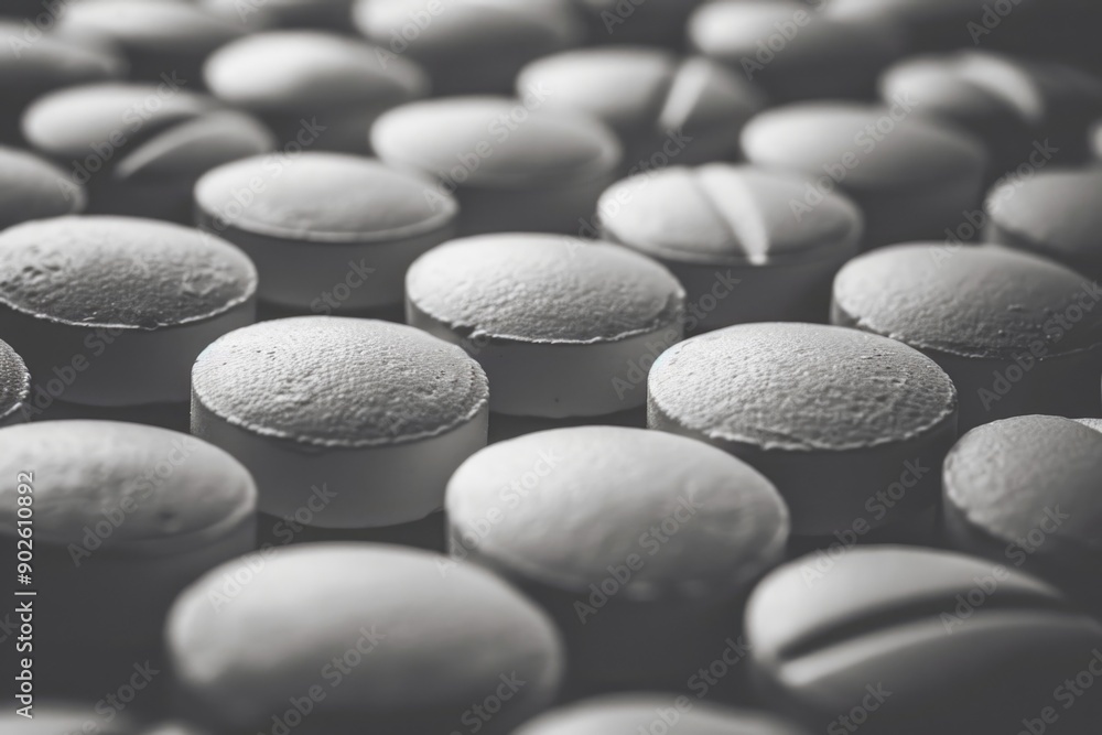 Poster a close up of many white pills. the pills are all the same size and shape, and they are all lined up