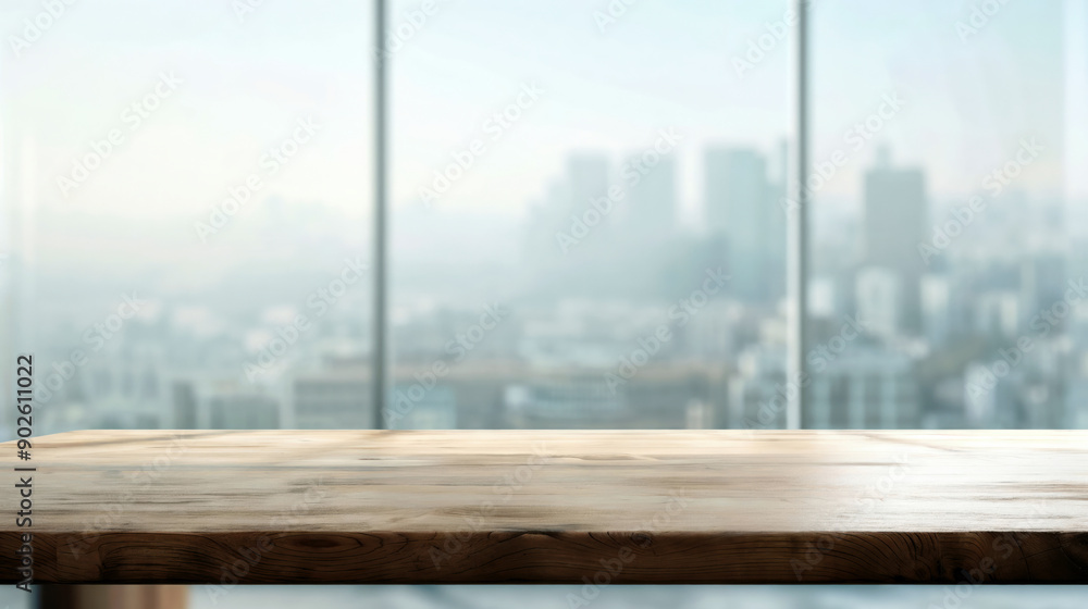 Poster empty table with city view, perfect for showcasing products or concepts. bright room with sleek desi