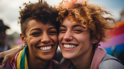 Happy queer couple standing against rainbow flag, photography.