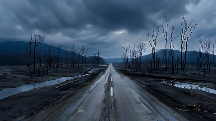Fototapeta premium A desolate, war-torn landscape with charred trees, destroyed buildings, and polluted rivers