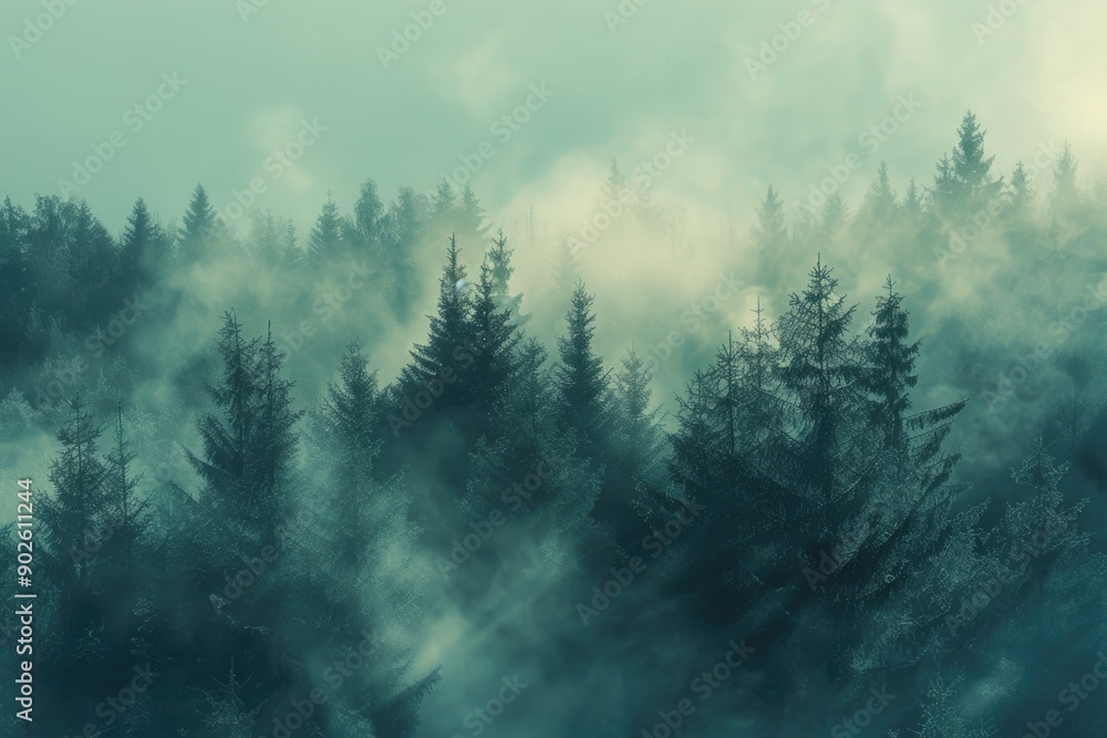 Poster a forest with a misty, foggy atmosphere. the trees are tall and dense, creating a sense of depth and