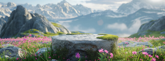 A stone podium in the middle of an alpine meadow with grass and pink flowers, moss on top, mountains in the background, realistic in the style of cinematic, beautiful lighting, high resolution photogr