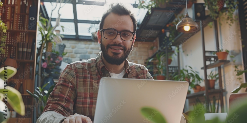 Poster a man is sitting at a table with a laptop in front of him. he is smiling and he is enjoying himself.