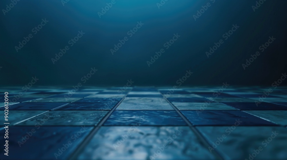Poster a blue and white checkered floor with a dark background. the floor is empty and the only thing visib