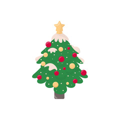 Vector cartoon single Christmas tree with Christmas toys and snow. Stock vector illustration. Isolated clipart on a white background.