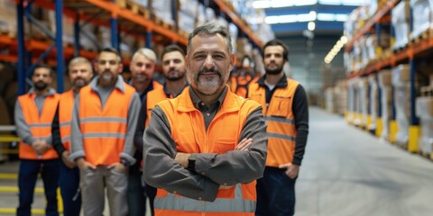 Obraz premium A group of men in orange vests stand in a warehouse. One man is smiling and has his arms crossed