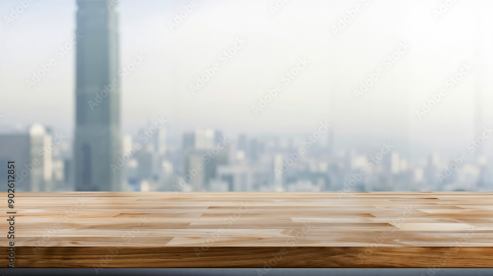 Poster empty wooden tabletop is presenting a perfect copy space for products or designs with a blurred city