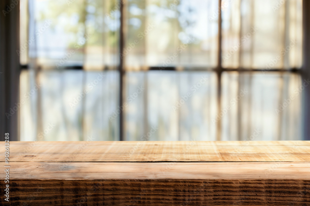 Poster Empty wooden tabletop providing background for product placement with blurred window view