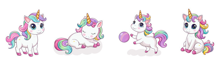 A set of cute unicorns in different poses. Hand-drawn ponies with a golden horn. Cute magic horses.