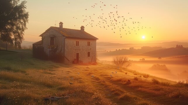 A romantic estate at sunrise, with light fog on the ground and birds flying in the sky, captured at 8K resolution