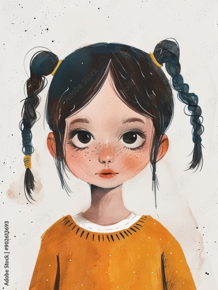 Poster whimsical girl with pigtails on simple background for affirmation card design generative ai