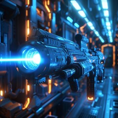 Electrifying Futuristic Railgun Firing Holographic Blue Laser Bullet in Cyberpunk Style