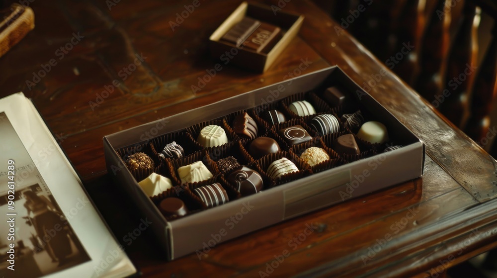 Poster a box of assorted chocolates sits on a wooden table. the box is filled with a variety of chocolates,