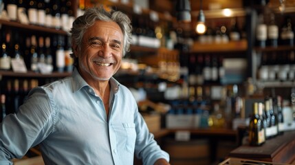 Fototapeta premium Brazilian businessman smiles behind the counter of a high-end liquor store, dressed in a light blue shirt, movie lights, fashion store, and carefully decorated