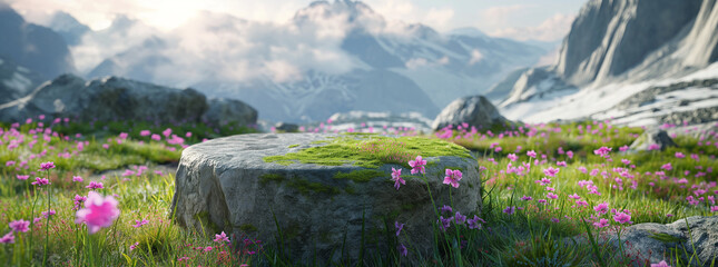 A stone podium in the middle of an alpine meadow with grass and pink flowers, moss on top, mountains in the background, realistic in the style of cinematic, beautiful lighting, high resolution photogr