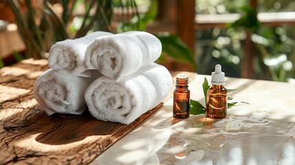 Spa setting with rolled towels and essential oils on a wooden table, copy space for text