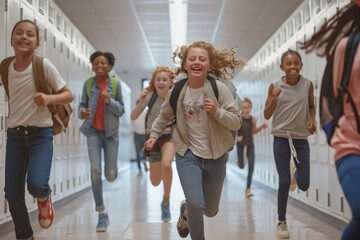 Fototapeta premium Colorful and lively school kids fill the bustling hallway with laughter and excitement. Their youthful exuberance creates a vibrant, energetic atmosphere as they bond, learn, and have fun together