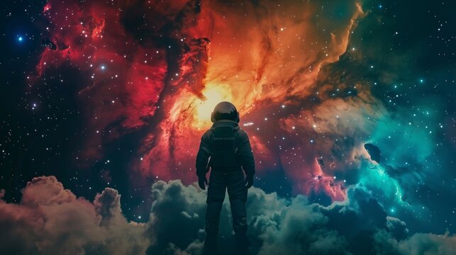 An astronaut in black gazes at a star-filled cosmos with vibrant hues and an orange nebula. The image conveys curiosity and danger of exploring the unknown space realm.