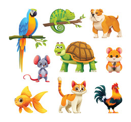 Naklejka premium Set of pet animals including chameleon, hamster, goldfish, and cat. Vector cartoon illustration