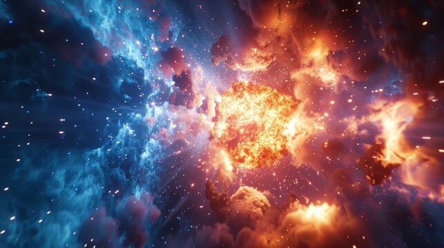 A stunning image of a vibrant galaxy with a central explosion emitting bright yellow light. Enhanced by cosmic ambiance with surrounding stars and nearby galaxies in pink, purple, and blue hues.