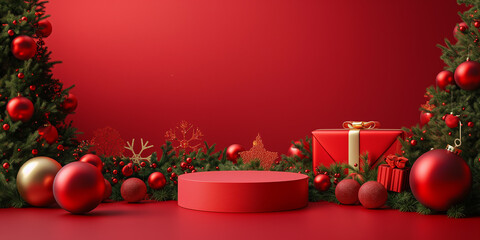 red empty podium for product presentation on red surface. A festive arrangement of Christmas red ornaments