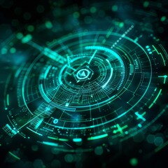 Obraz premium Futuristic Bullet Trajectory Visualization with Glowing Blue and Green Neon Arcs in Cyber Aesthetics
