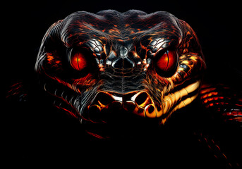 anaconda face with shiny red eye isolated on black background
