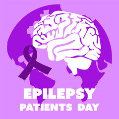 International Epilepsy Day banner for March 26. The brain is a flat silhouette in white colors against the background of the earth with a ribbon on shades of purple. Brain problems, illness. Square