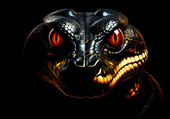 anaconda face with shiny red eye isolated on black background