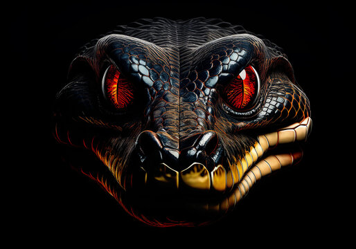 anaconda face with shiny red eye isolated on black background
