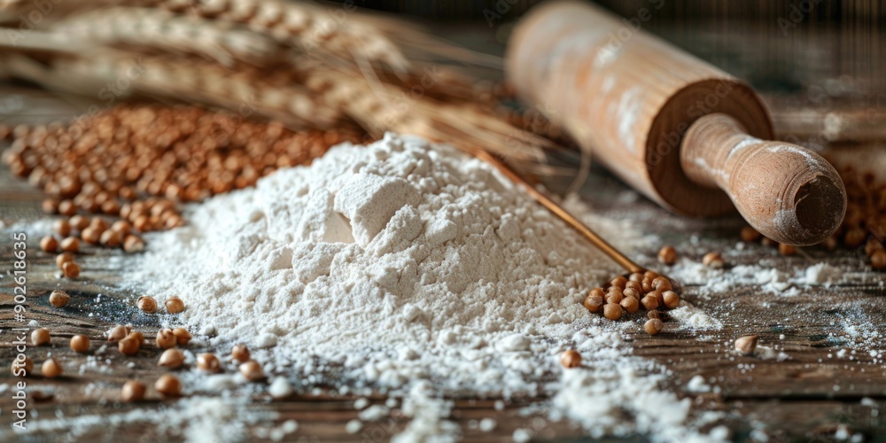 Poster a wooden rolling pin sits on a table next to a pile of flour. the flour is spread out on the table, 