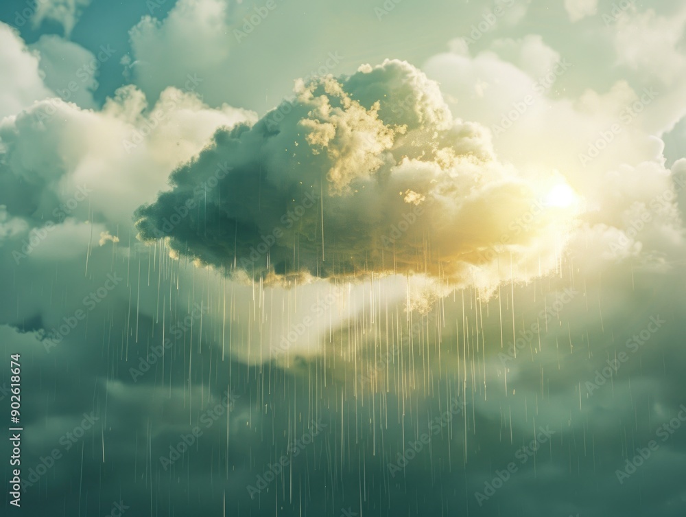Poster a large cloud with rain falling from it. the sky is mostly cloudy with a few patches of blue