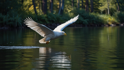 a white eagle flies over the water in the forest