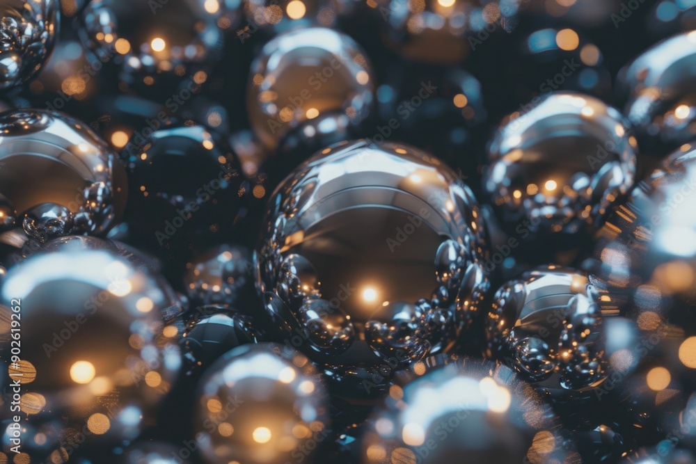 Poster a close up of many shiny, reflective spheres. the spheres are all different sizes and are arranged i