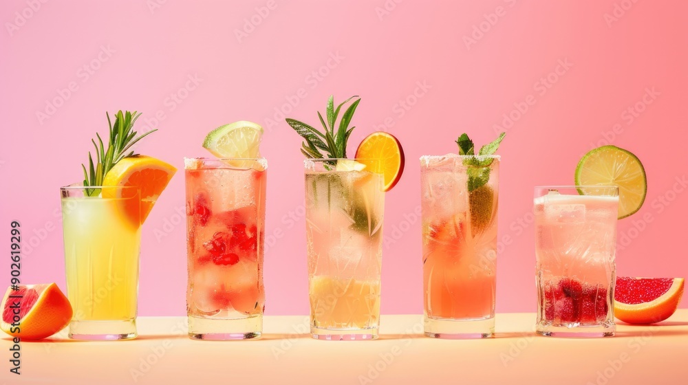 Aufkleber a row of five drinks with a pink background. the drinks are in different colors and have different g