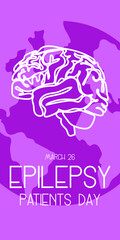 International Epilepsy Day banner for March 26. The brain is a contoured silhouette in white colors on a ground background with a ribbon on shades of purple. Brain problems, illness. Vertical