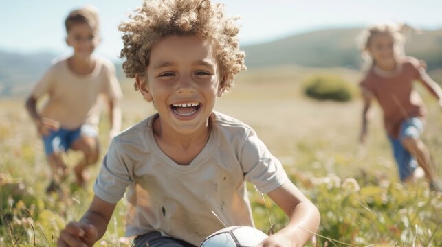 Joyful children playing soccer outdoors in a beautiful countryside setting with a scenic hillside and sky in the background  The image captures the lively