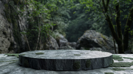Fototapeta premium Rock podium stone forest background product 3D platform pedestal flat. Stone round rock podium display render green gray stand abstract wild nature space stage mockup cosmetic outdoor empty scene