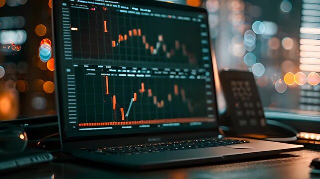 Laptop monitor stock price exchange graph broker finance growth ar ai trend algorithm investment portfolio drop price analysis profit buy sell cryptocurrency crypto business financial glow background