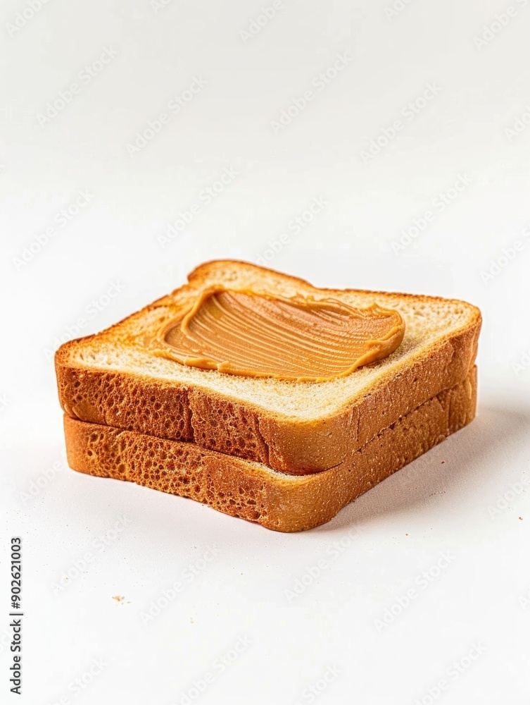 Poster a slice of bread with peanut butter on top. the bread is toasted and the peanut butter is spread eve