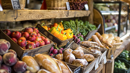 Details and products on shelves in the English counryside farm shop, small business, country style design
